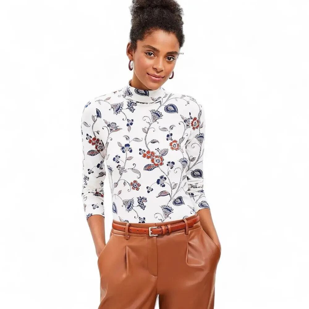 Ann Taylor LOFT Top Small Floral Long Sleeve Turtleneck White Cotton Blend